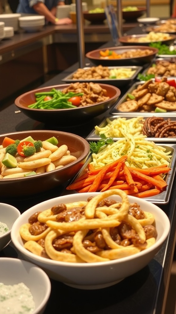 A buffet table with various food options, including salads, meats, and sauces.