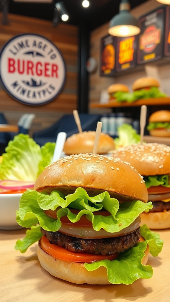 A selection of keto-friendly burgers with lettuce wraps and fries on a wooden platter.