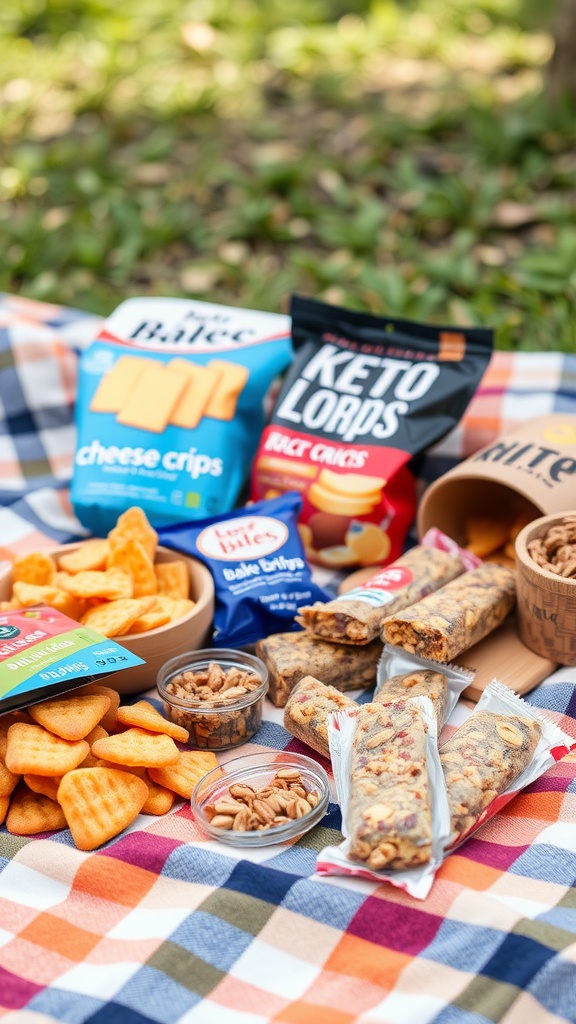A variety of keto-friendly snacks including cheese crisps, keto bars, and nuts displayed on a picnic blanket.