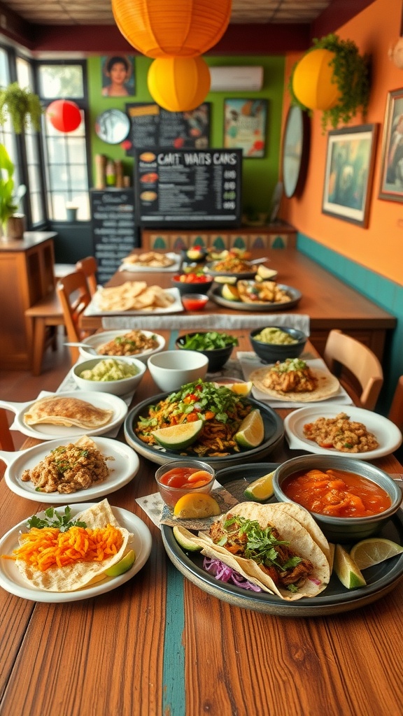 A vibrant assortment of Mexican dishes beautifully arranged on a wooden table.