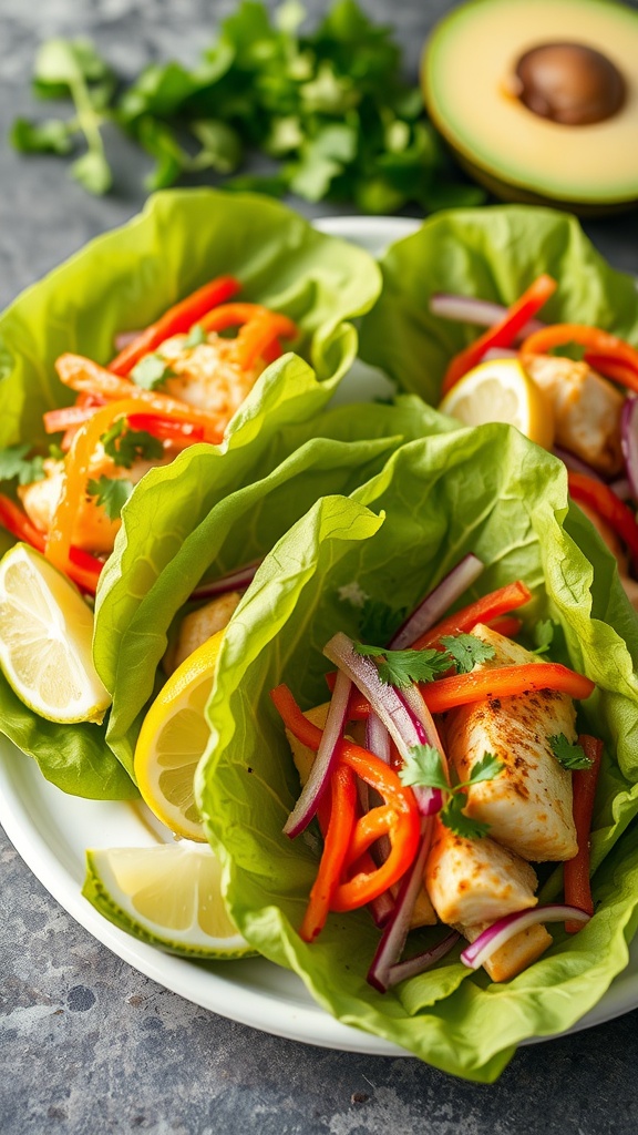 Fish tacos in lettuce wraps with colorful veggies and lemon slices