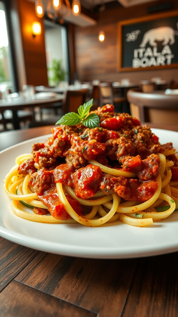 A plate of spaghetti with meat sauce garnished with basil.