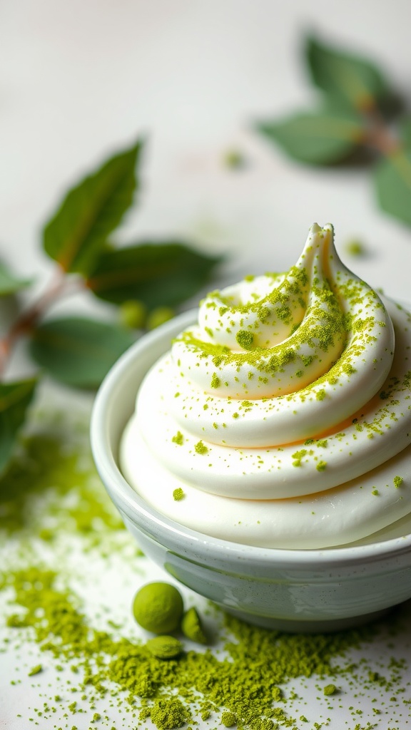 A bowl of yogurt topped with matcha dust, surrounded by green leaves.