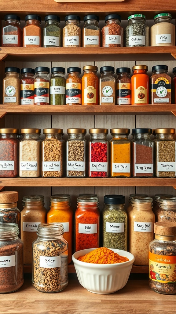 A collection of various spices and herbs neatly organized on shelves.