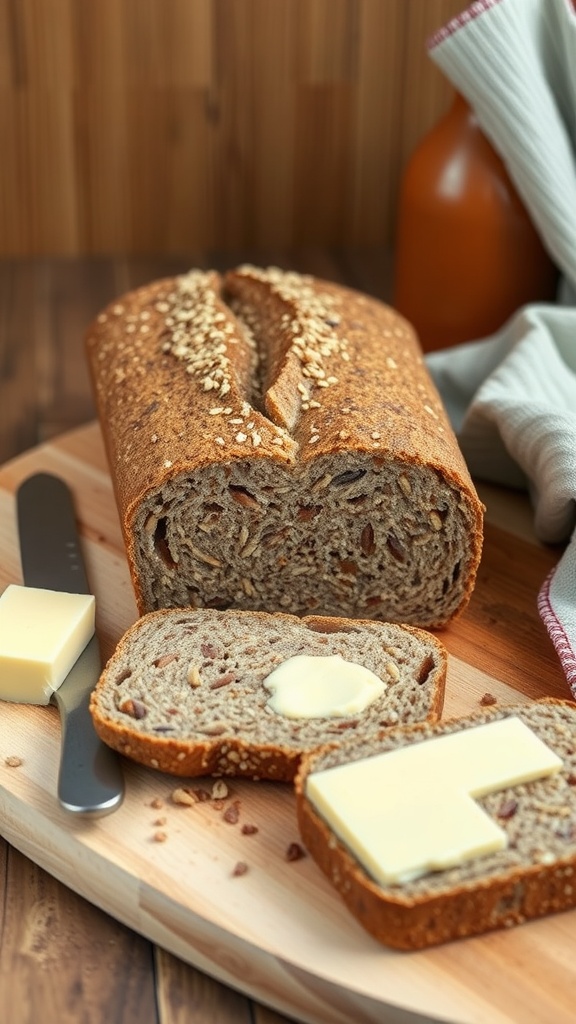 Sliced flaxseed meal bread with butter on a wooden cutting board