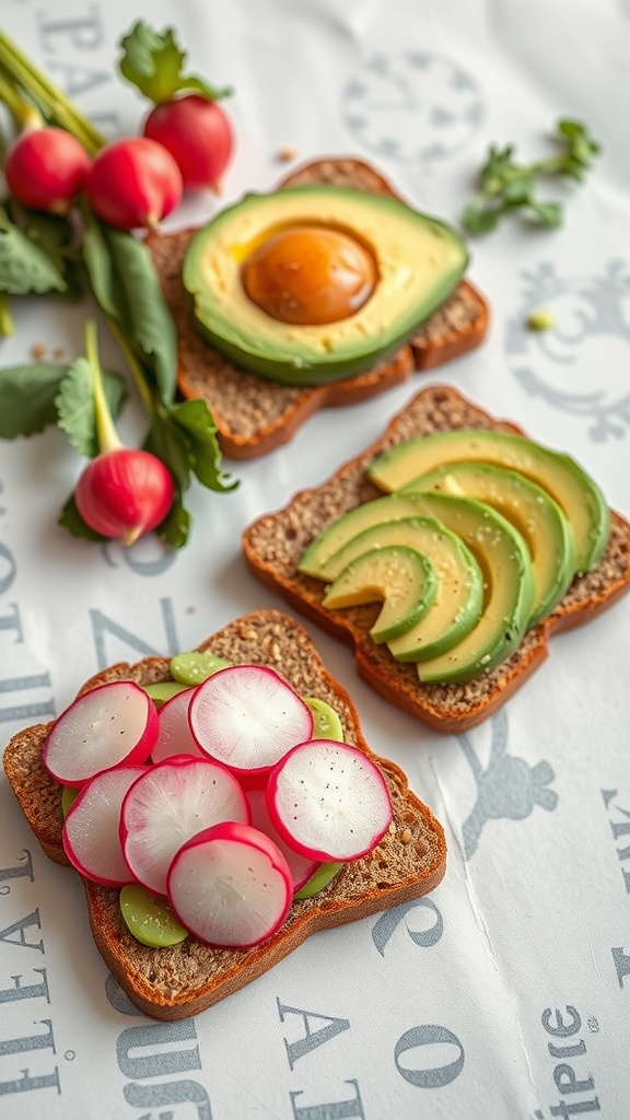 Flaxseed meal bread slices topped with avocado, radish, and an egg