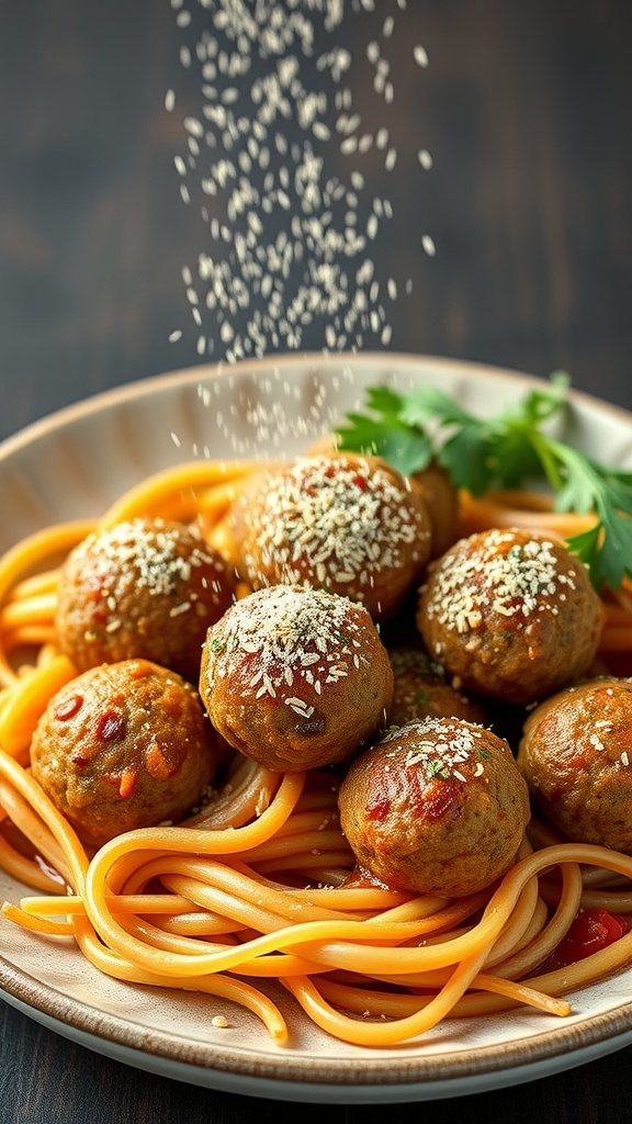 A plate of spaghetti with meatballs topped with flaxseed meal, showcasing a delicious low-carb alternative.