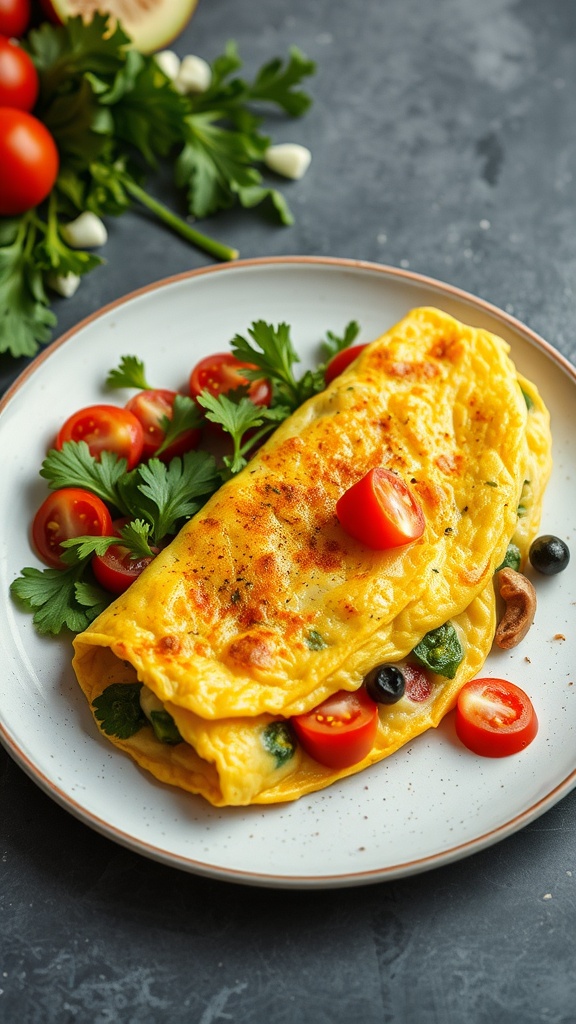 A fluffy vegan omelette served with cherry tomatoes and fresh parsley on a plate.