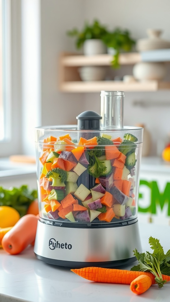 A food processor filled with chopped vegetables including carrots, broccoli, and more, set on a kitchen counter.