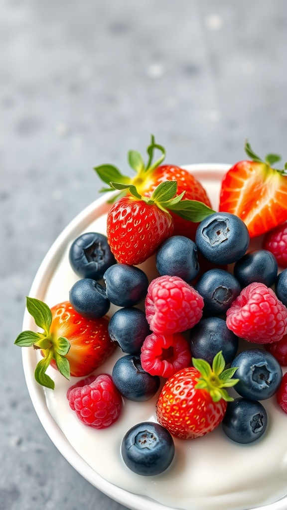 A bowl of yogurt topped with fresh strawberries, blueberries, and raspberries.