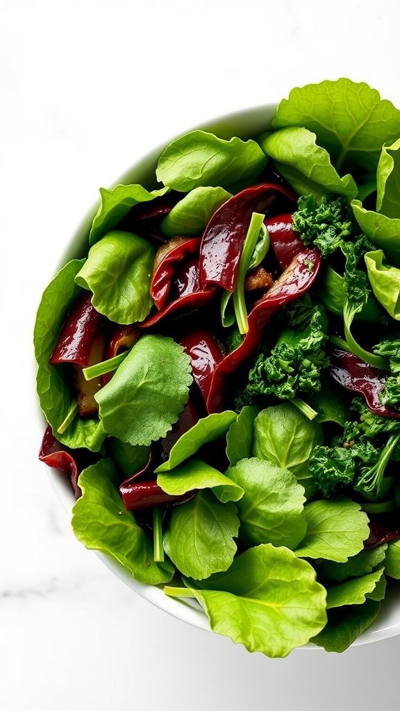 A bowl filled with a mix of fresh greens including spinach and kale.