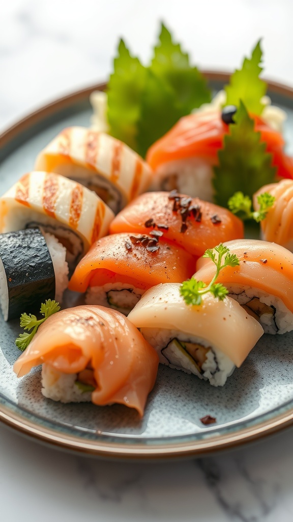 A beautiful assortment of sushi rolls displayed on a plate, featuring various colors and textures.