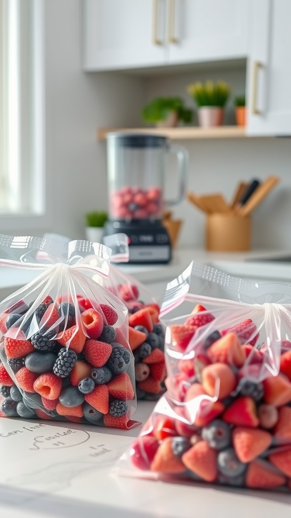 Bags of frozen berries in a bright kitchen setting