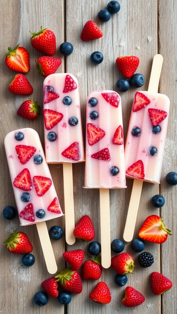 Frozen berry coconut pops with strawberries and blueberries