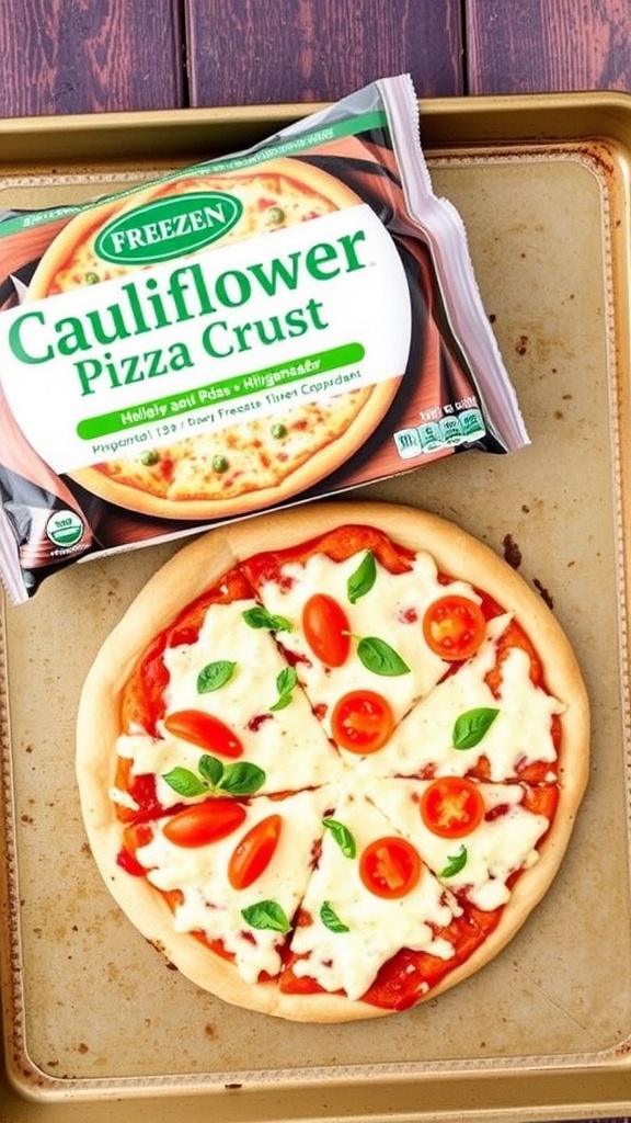 Frozen Cauliflower Pizza Crust packaging and crust on a baking sheet