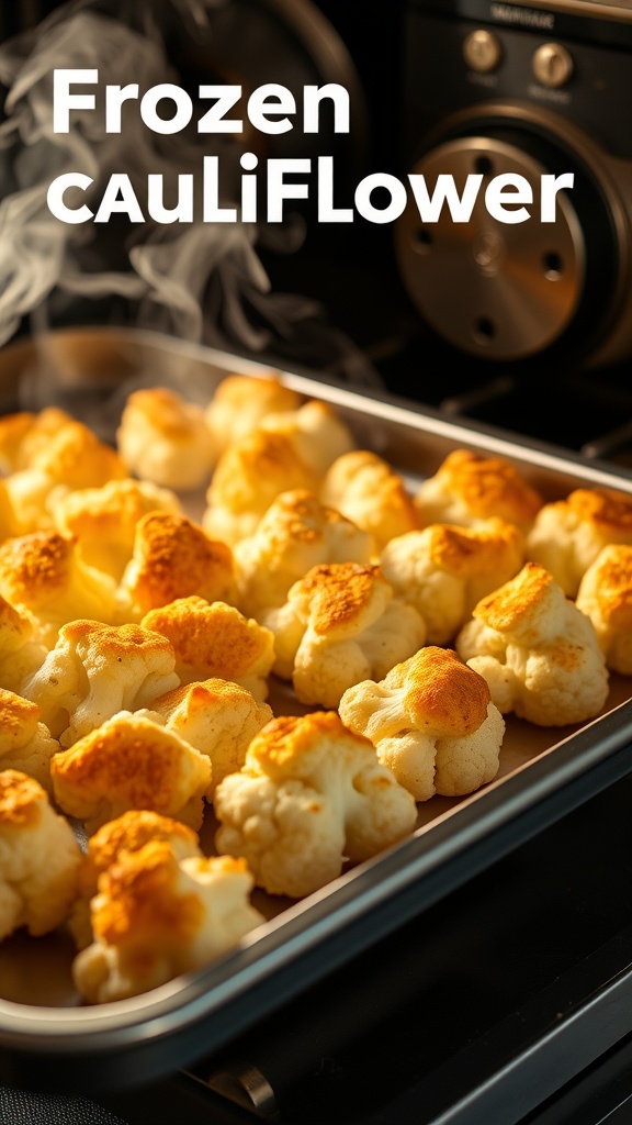 A tray of golden-brown frozen cauliflower puffs in an oven.