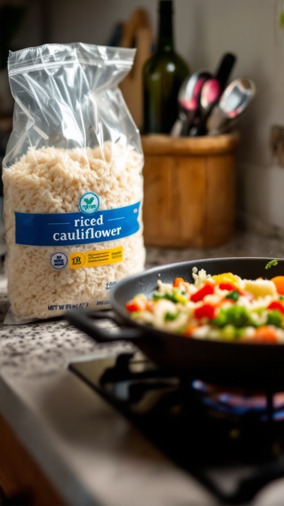 A bag of frozen riced cauliflower beside a skillet with vegetables