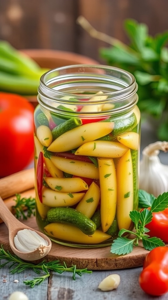 A jar of colorful garlic and herb pickled vegetables surrounded by fresh tomatoes, garlic, and herbs.