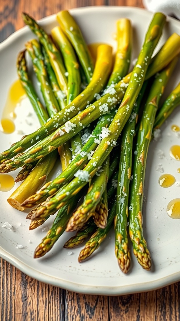 Plate of garlic butter asparagus with olive oil and sea salt.