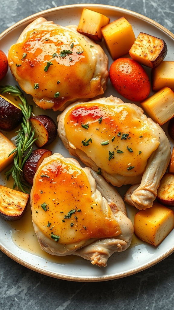 A plate of garlic butter chicken thighs with colorful roasted vegetables.