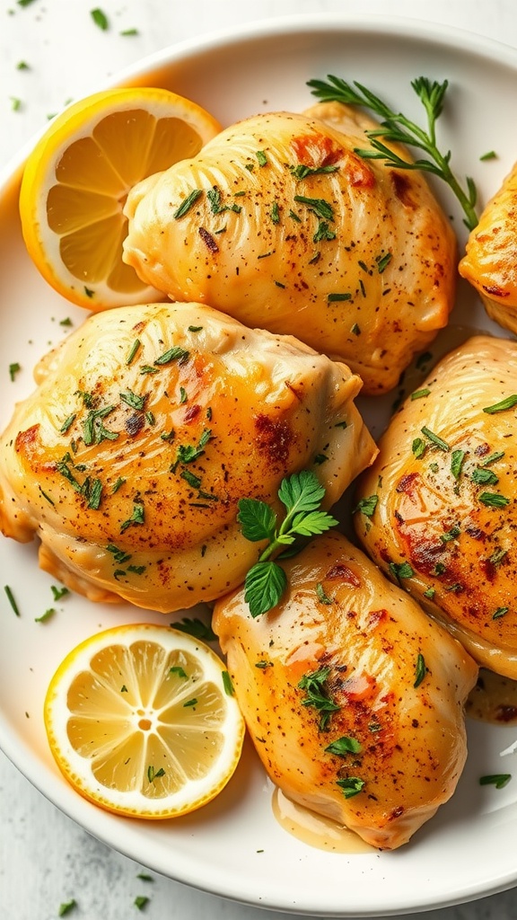 Plate of garlic butter chicken thighs garnished with lemon and herbs