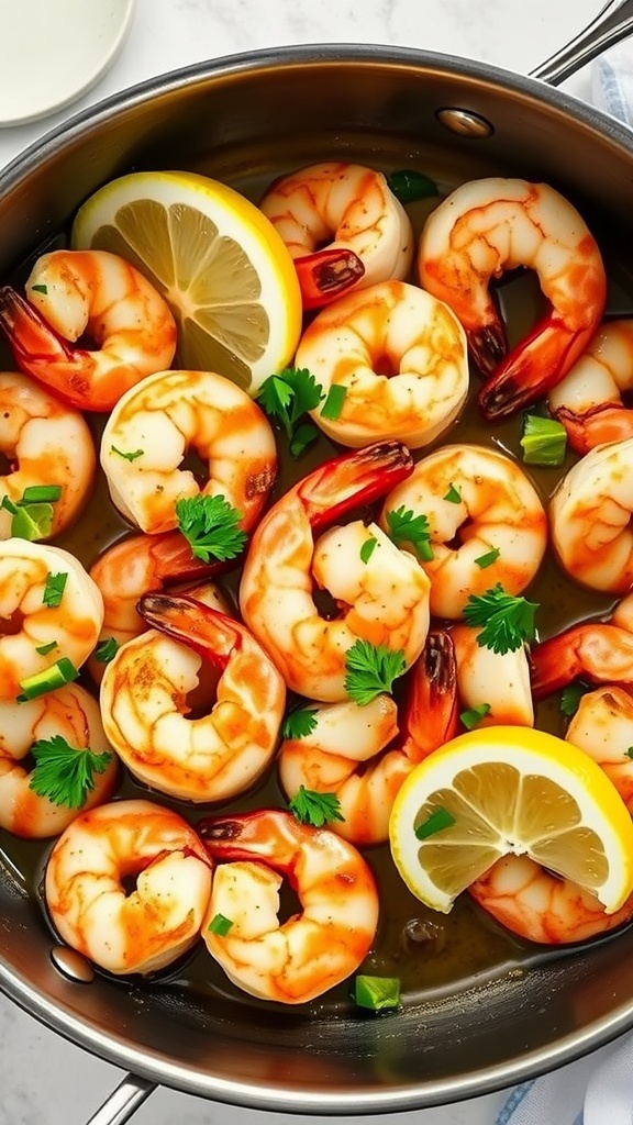 A pan of garlic butter shrimp garnished with lemon slices and herbs