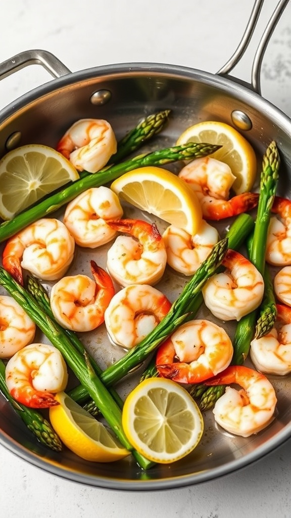 A skillet with garlic butter shrimp and asparagus.