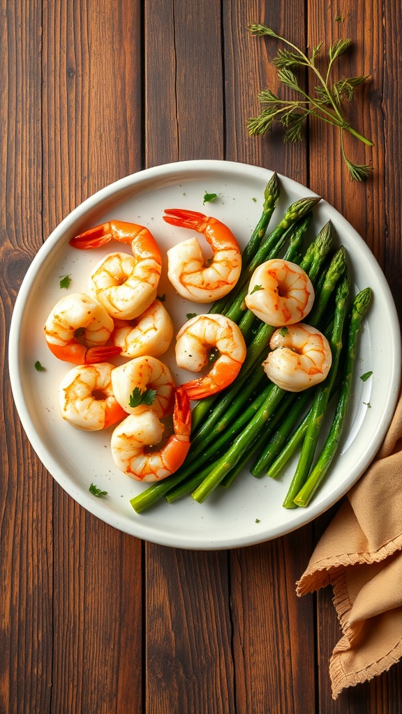 A plate of garlic butter shrimp and asparagus on a wooden table.