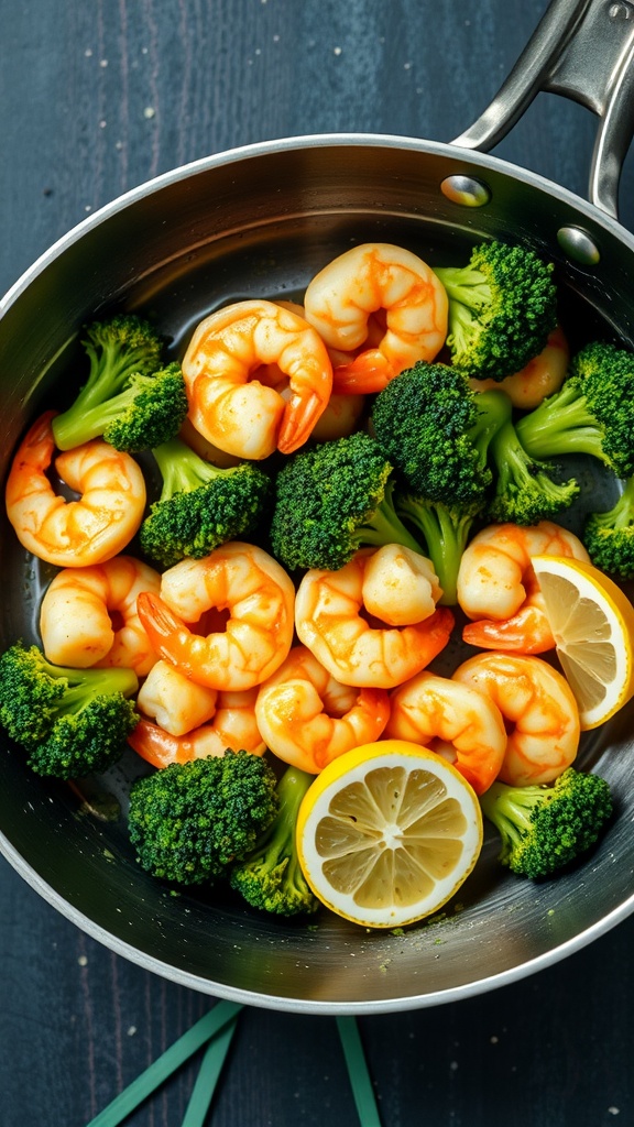 A skillet filled with shrimp and broccoli, garnished with lemon slices.