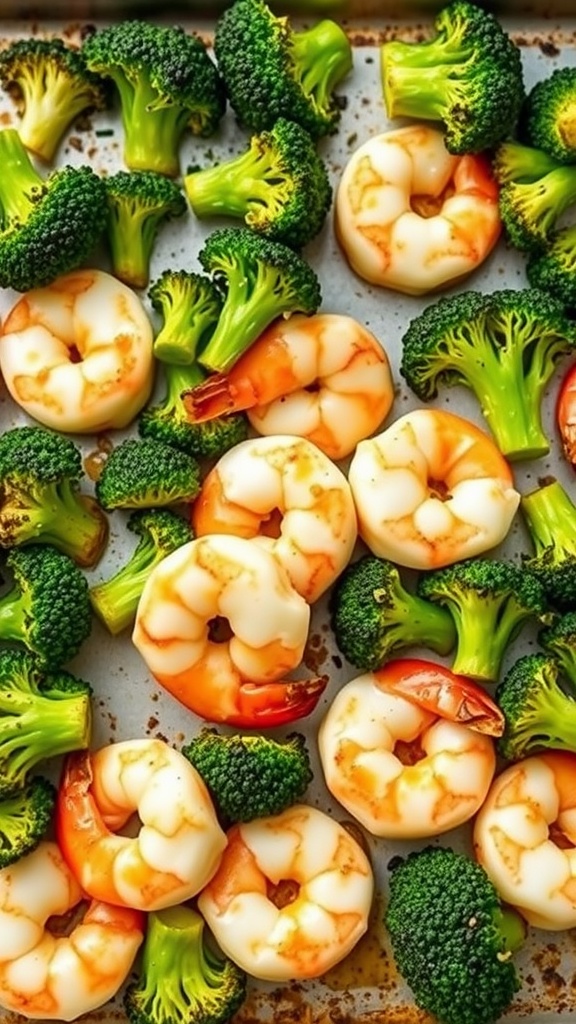 A close-up of garlic butter shrimp and broccoli on a sheet pan.