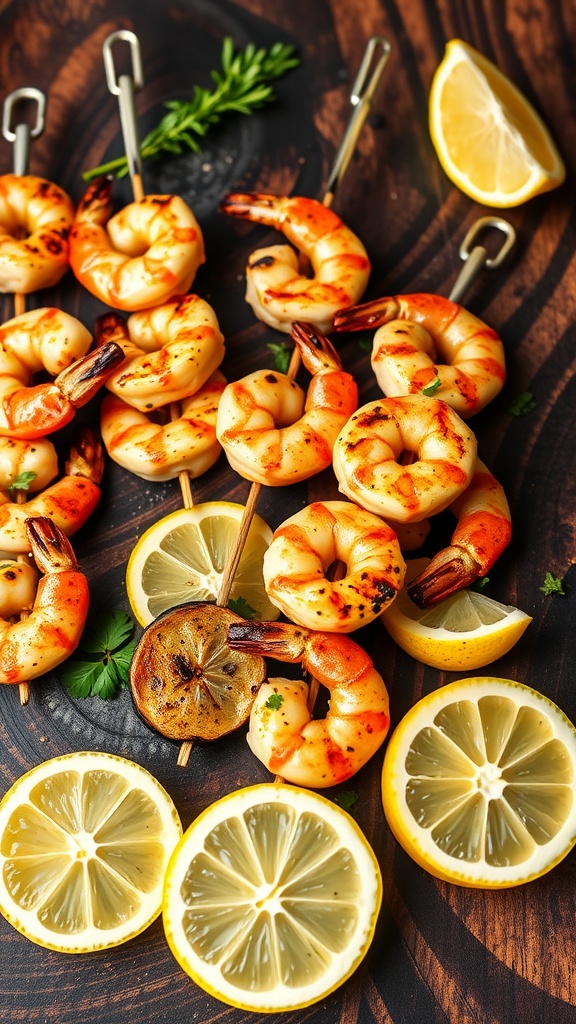 Delicious garlic butter shrimp skewers with lemon slices on a wooden board.