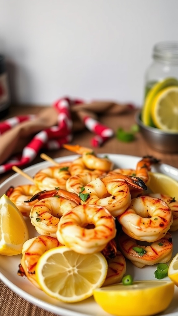 A plate of grilled garlic butter shrimp skewers with lemon slices.