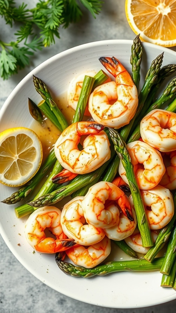 A plate of garlic butter shrimp with asparagus, garnished with lemon slices.