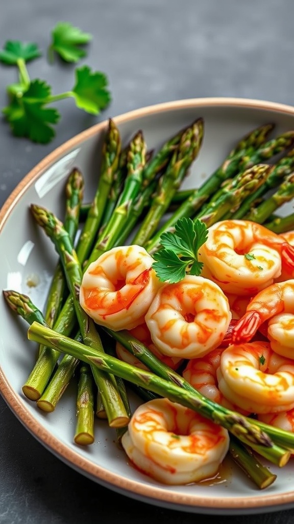 A plate of garlic butter shrimp alongside asparagus, garnished with a sprig of parsley.