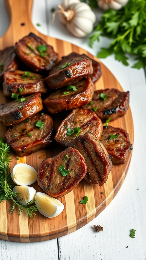 A platter of garlic butter steak bites garnished with herbs and garlic cloves.