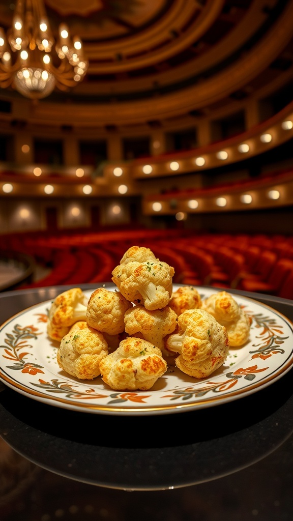 A plate of garlic parmesan cauliflower bites in a theater setting.