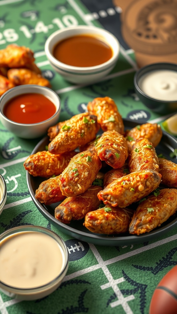 Delicious Garlic Parmesan Chicken Wings served with dipping sauces on a football-themed background.