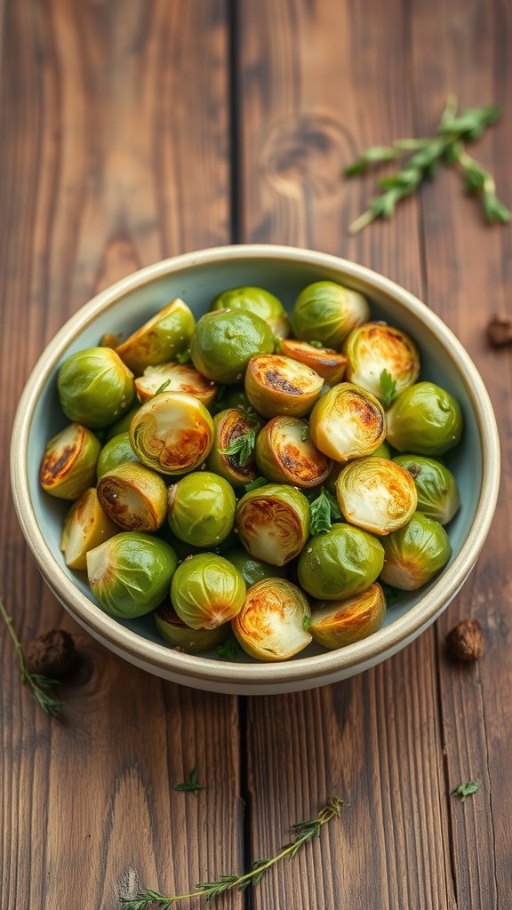 A bowl of garlic parmesan roasted Brussels sprouts on a wooden table.