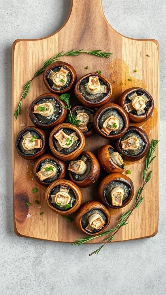 A wooden cutting board with garlic parmesan roasted mushrooms arranged neatly.