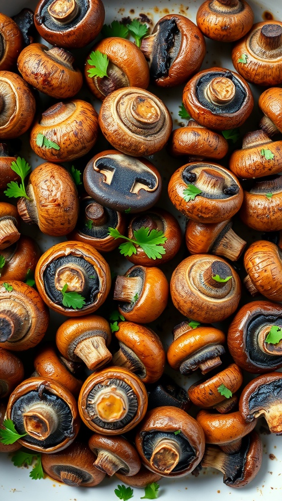 A close-up of garlic roasted mushrooms garnished with fresh herbs.