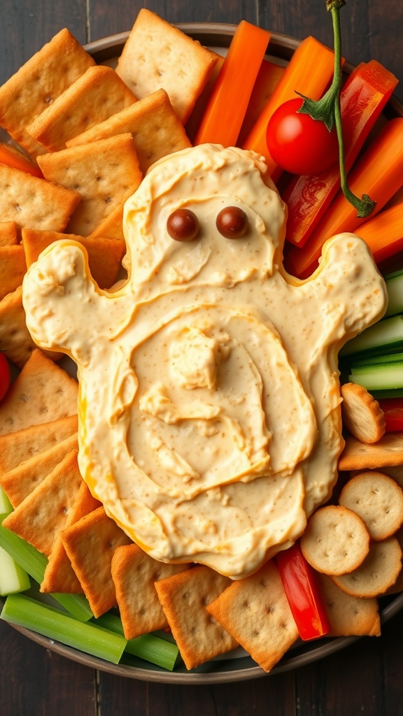 A plate featuring ghost-shaped pimento cheese dip surrounded by crackers, celery, and bell pepper