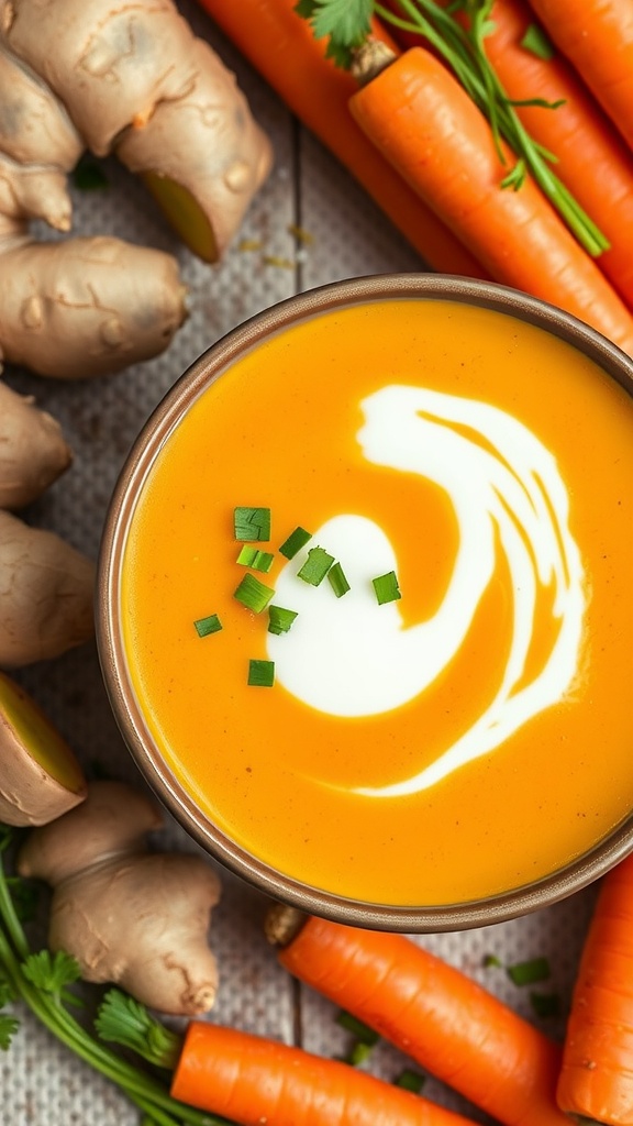 A bowl of creamy ginger carrot soup garnished with chives, surrounded by fresh ginger and carrots.