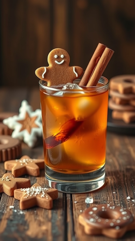 A Gingerbread Old Fashioned cocktail with a gingerbread cookie and cinnamon sticks