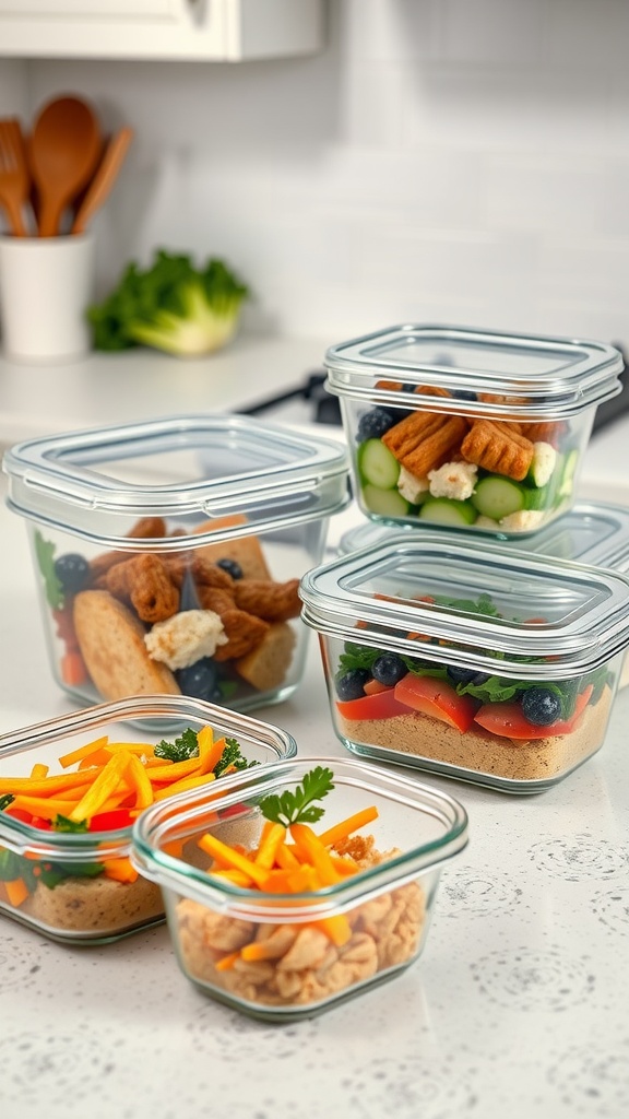 Assorted glass meal prep containers filled with healthy foods.