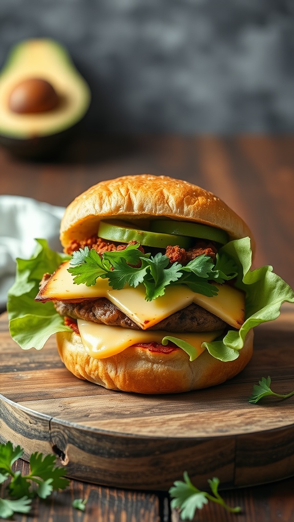 A gourmet burger with lettuce, cheese, and toppings on a wooden board