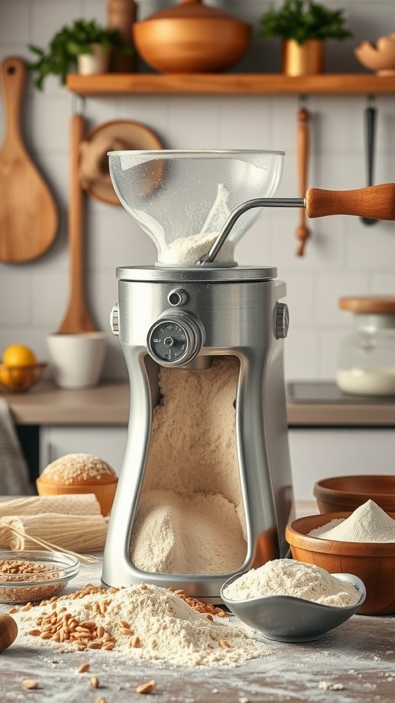 A stylish grain mill surrounded by various low-carb flours and ingredients in a cozy kitchen setting.