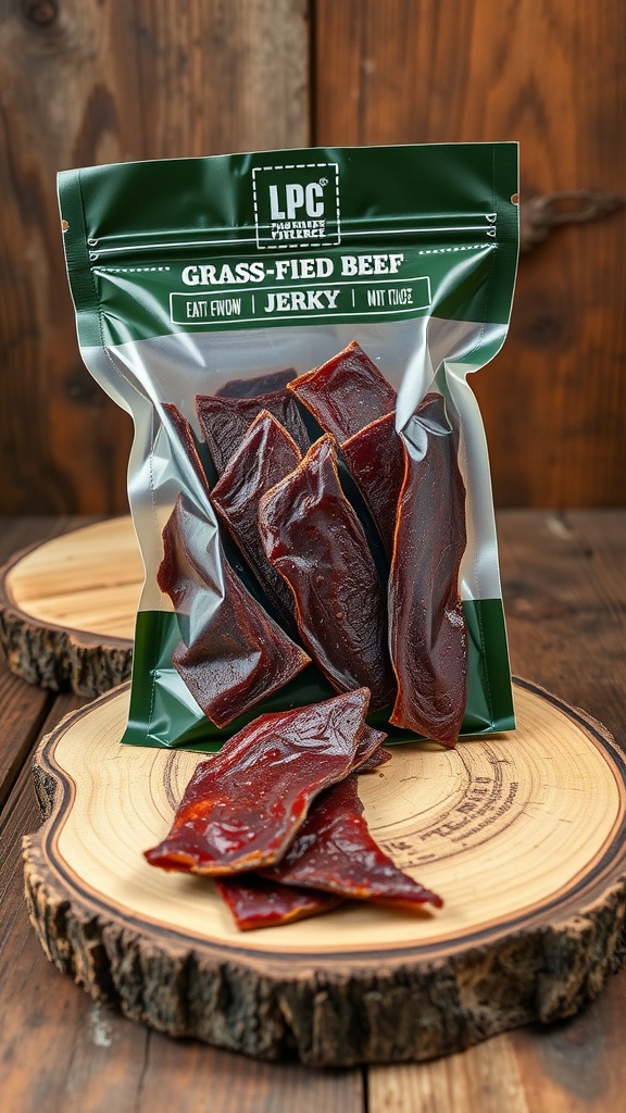 A package of Grass-Fed Beef Jerky displayed on a wooden board with some jerky pieces surrounding it.