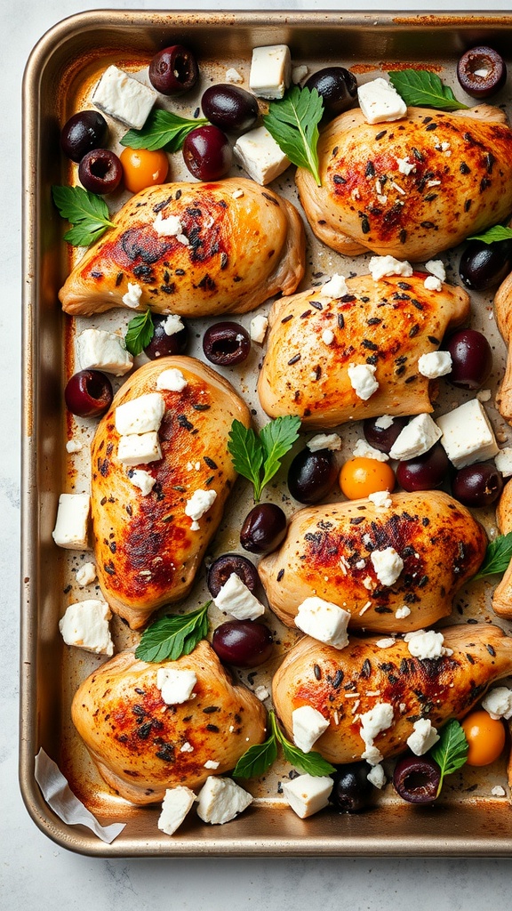 A close-up of Greek chicken bowls with seasoned chicken breasts, olives, feta cheese, and fresh herbs on a sheet pan.