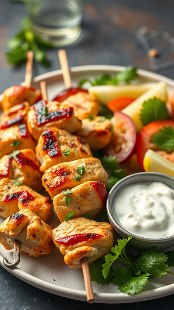 Grilled chicken skewers served with tzatziki sauce and fresh vegetables