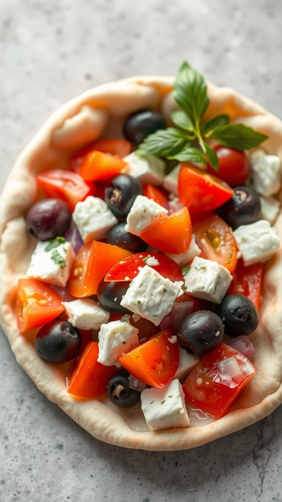 A close-up of a Greek salad pita pocket filled with tomatoes, olives, and feta cheese.